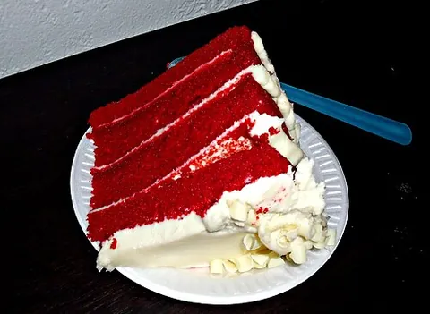 red velvet cake: a rich, sweet cake with a distinctive reddish colour