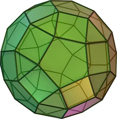rhombicosidodecahedron: an Archimedean solid with 62 regular faces (20 triangles, 30 squares, and 12 pentagons), 60...