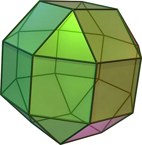 rhombicuboctahedron: an Archimedean solid with eight triangular and eighteen square faces; the small rhombicuboctahedron
