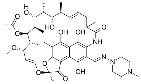 rifampicin: a reddish-brown semisynthetic antibiotic C₄₃H₅₈N₄O₁₂ obtained from the bacterium Amycolaptosis...