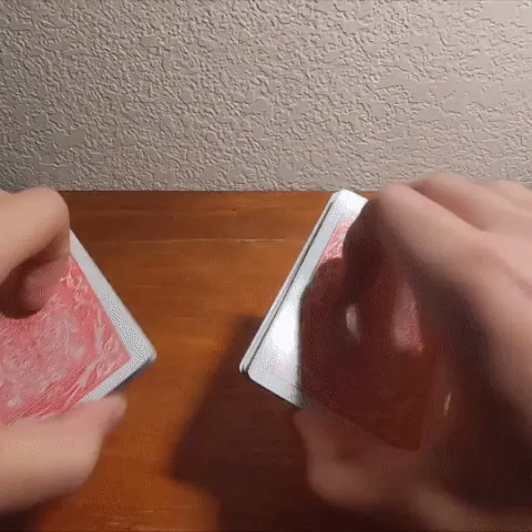 riffle shuffle: a technique of shuffling a deck of playing cards by first separating the deck into two parts
