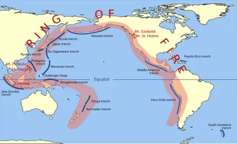 ring of fire: an area of frequent earthquakes and volcanic activity, around the Pacific Ocean