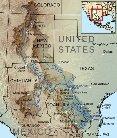 rio grande: a major river in the United States and Mexico, starting in Colorado, flowing through New Mexico,...
