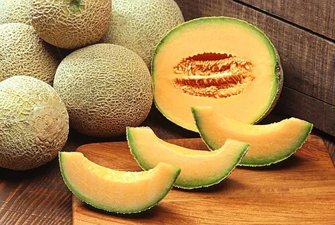 rockmelon: a type of melon, Cucumis melo var. reticulatus, with sweet orange flesh and a rough skin resembling...