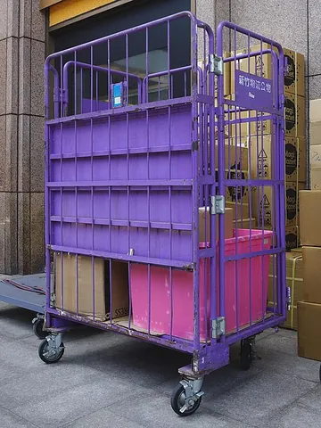 roll container: a cage on wheels used to hold and transport goods, especially in a warehouse