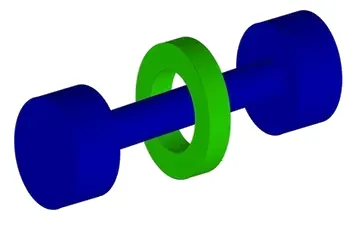 rotaxane: a complex of two molecules, one ring-shaped and the other dumbbell-shaped, with the dumbbell...