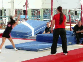 roundoff: a move similar to a cartwheel but ending with the legs together and the gymnast facing in the...