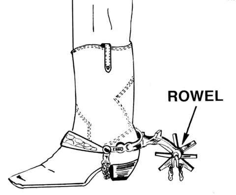 rowel: a small spiked wheel on the end of a spur of certain types