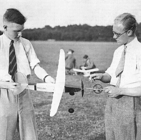 rubber band airplane: a type of toy constructed of light wood, a plastic propeller and a rubber band, propelled by...