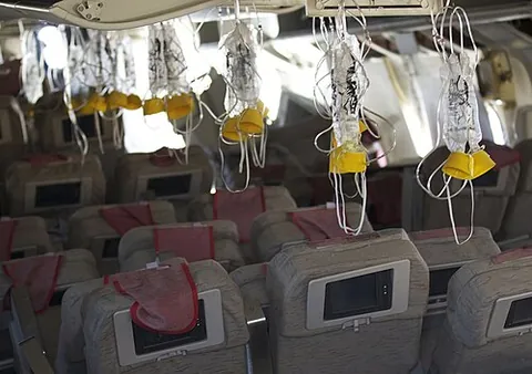 rubber jungle: in a commercial passenger airliner, the dense, forest-like profusion of suspended tubes, straps,...