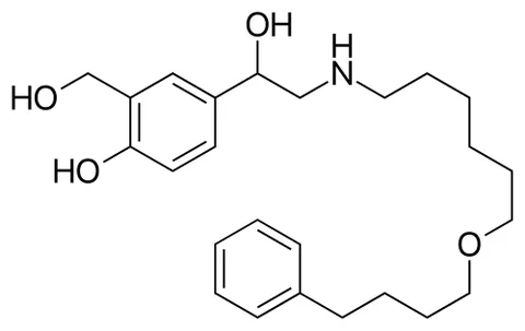 salmeterol: a bronchodilator administered by oral inhalation in the form of a salt C₂₅H₃₇NO₄·C₁₁H₈O₃ to treat...