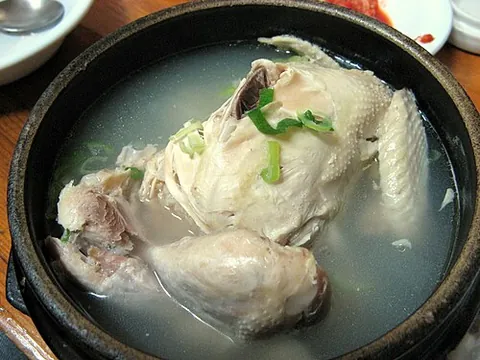 samgyetang: a Korean soup consisting of a young chicken filled with rice, garlic and jujube and spiced with...