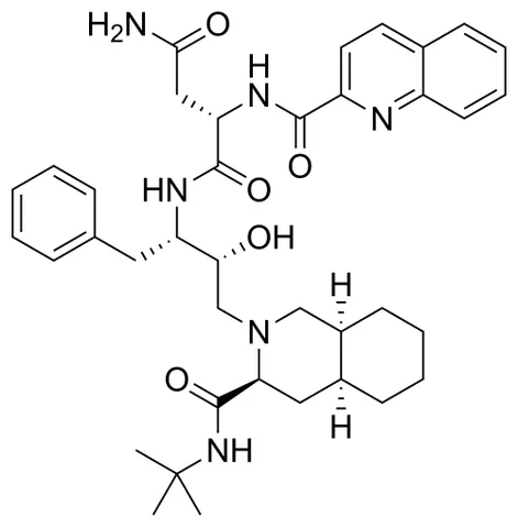 saquinavir: an antiretroviral drug C₃₈H₅₀N₆O₅ of the protease inhibitor class that is used in the form of its...