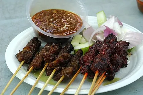 satay: a dish made from small pieces of meat or fish grilled on a skewer and served with a spicy peanut...