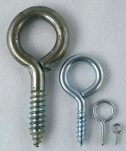 screw eye: a screw with a loop on one end and threads on the other end