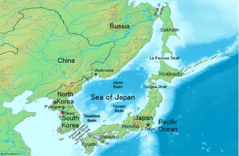 sea of japan: a marginal sea between Japan, Sakhalin, the Asian continent, and Jeju Island
