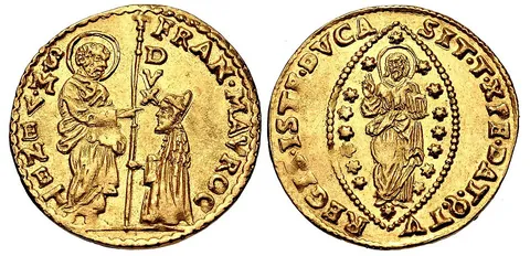 sequin: any of various small gold coins minted in Italy and Turkey