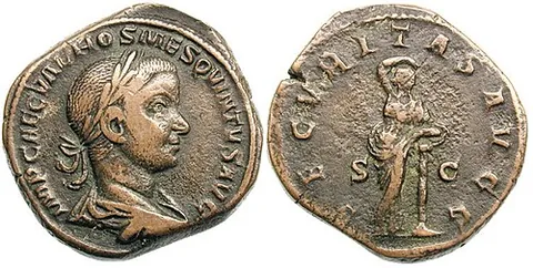 sestertius: a large bronze or (rarely) small silver coin minted during the Roman Republic and Empire, valued at...