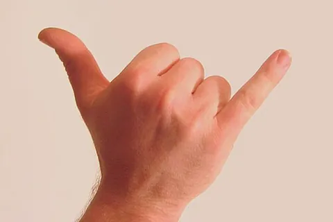 shaka: a greeting gesture in which the thumb and little finger are extended while curling the three middle...