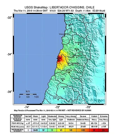 shakemap: a map showing ground movement and shaking intensity following major earthquakes