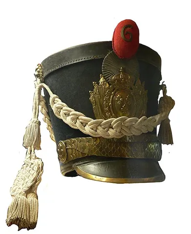 shako: a stiff, cylindrical military dress hat with a metal plate in front, a short visor, and a plume