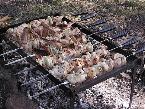 shashlik: a form of shish kebab, originally made of marinated lamb meat