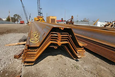 sheet pile: a corrugated steel pile, which is vertically driven into the ground to form a wall of sheet piling