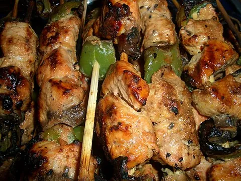 shish taouk: skewered chicken cubes that are grilled