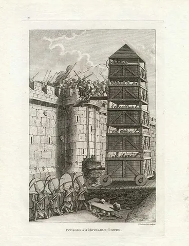 siege tower: a siege weapon, consisting of a wheeled wooden tower with ladders inside, which was parked next to...