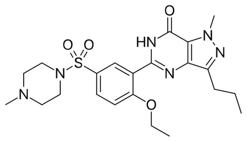 sildenafil: a drug that is used in the form of its citrate C₂₂H₃₀N₆O₄S·C₆H₈O₇ to treat erectile dysfunction in...