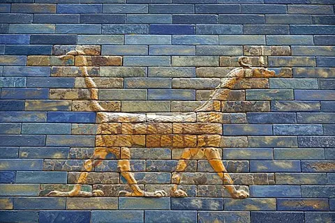 sirrush: a fantastical creature depicted on the reconstructed Ishtar Gate of Babylon, a scaly dragon with...