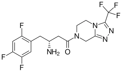sitagliptin: a hypoglycemic drug taken orally in the form of its phosphate C₁₆H₁₅F₆N₅O·H₃PO₄·H₂O in the...