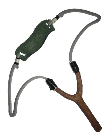 slingshot: a Y-shaped stick with an elastic sling between the arms used for shooting small projectiles