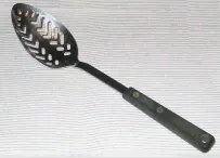 slotted spoon: a large spoon with slots in it used to drain food