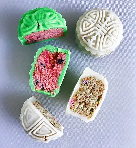 snow skin mooncake: a Chinese confection, a cold mooncake with glutinous rice skin, eaten during the Mid-Autumn Festival
