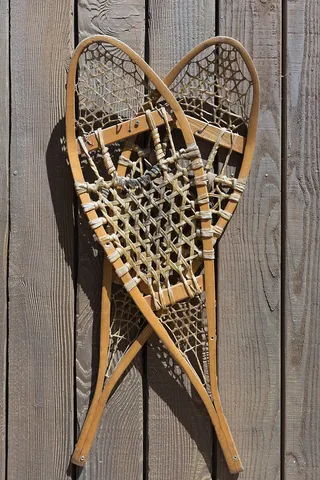 snowshoe: a flat item of footwear worn to facilitate walking in deep snow