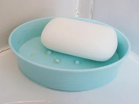 soap dish: a dish-like container to hold a bar of soap, often mounted to the wall of a bathroom