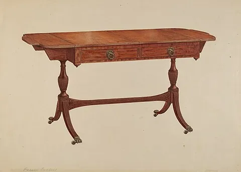 sofa table: a long, narrow, waist-high table intended to be placed behind or in front of a sofa, used to hold...