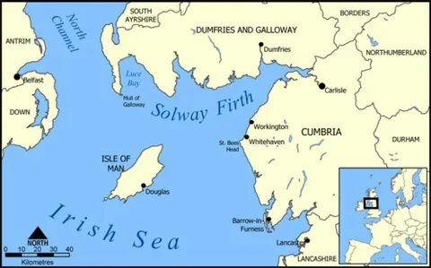 solway firth: an arm of the Irish Sea, which forms part of the border between England and Scotland