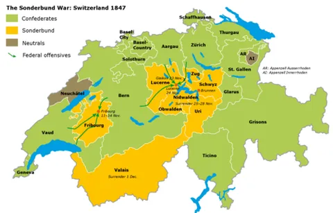 sonderbund: the Swiss cantons of Lucerne, Fribourg, Valais, Uri, Schwyz, Unterwalden, and Zug, all...
