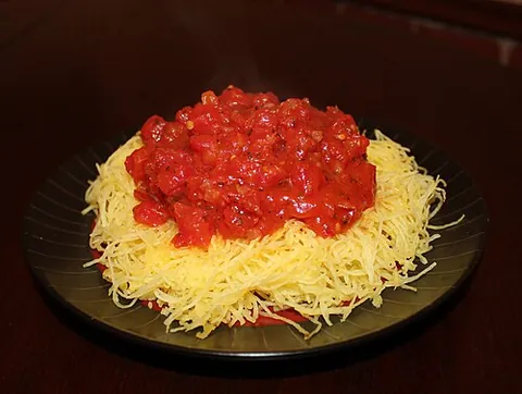 spaghetti squash: an oblong seed-bearing variety of winter squash, in the species Cucurbita pepo
