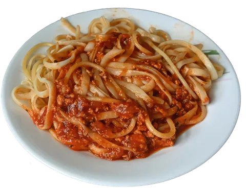 spaghetti: a type of pasta made in the shape of long thin strings