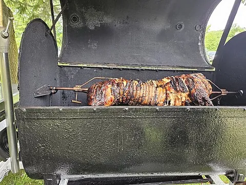 spit roast: the technique of roasting an animal over a fire, where the cook pokes a rod through the animal and...