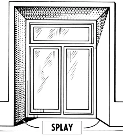 splayed: of a door or a window: bevelled so as to be larger on one side of the wall than on the other