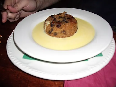 spotted dick: a steamed suet pudding containing dried fruit, usually currants; traditional in England