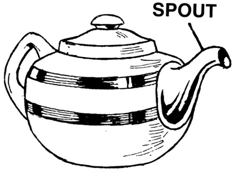 spout: a tube or lip through which liquid or steam is poured or discharged
