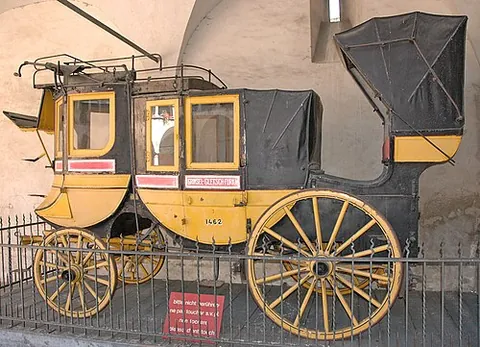 stage-coach: a horse-drawn coach that runs routinely between two destinations to transport passengers and mail