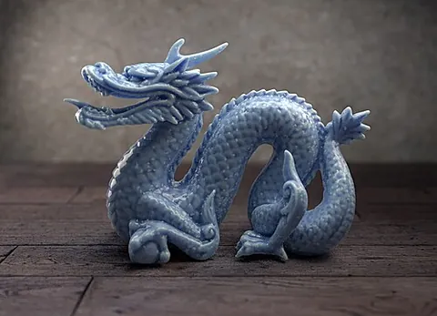 stanford dragon: a three-dimensional model of a dragon figurine, used to test rendering algorithms etc
