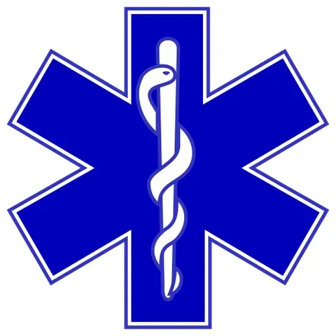 star of life: a blue six-pointed star, outlined with a white border and usually featuring the rod of Asclepius in...