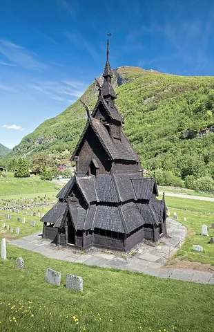 stave church: a wooden church with a medieval post and lintel construction